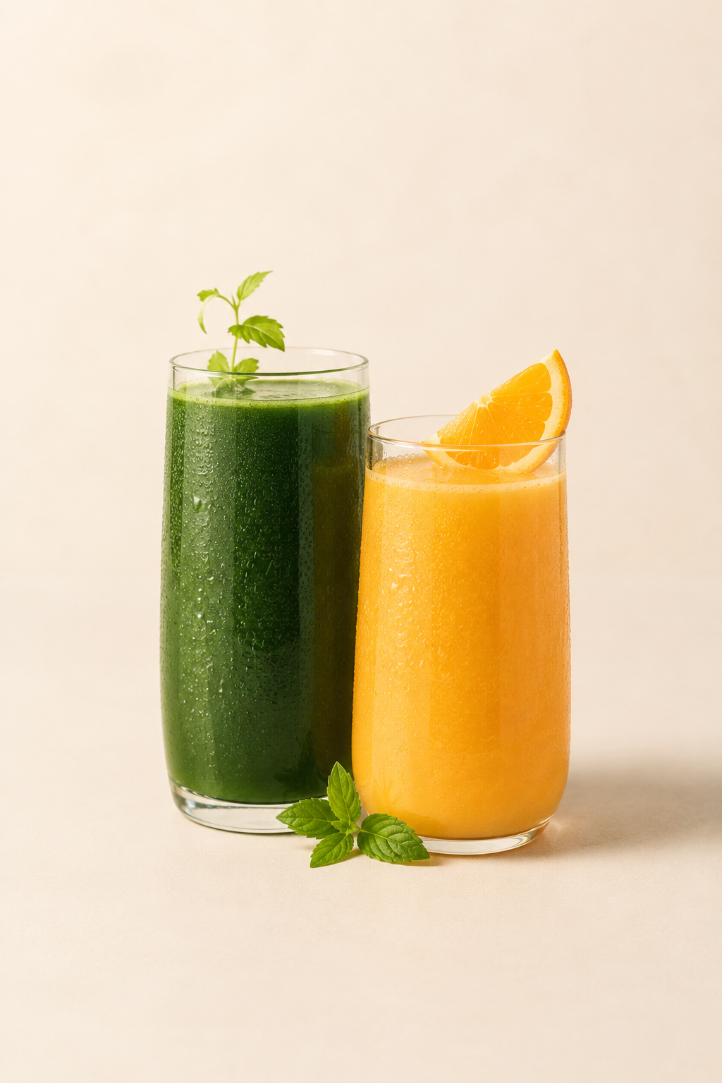 Fresh green and orange juices being prepared on a kitchen counter.