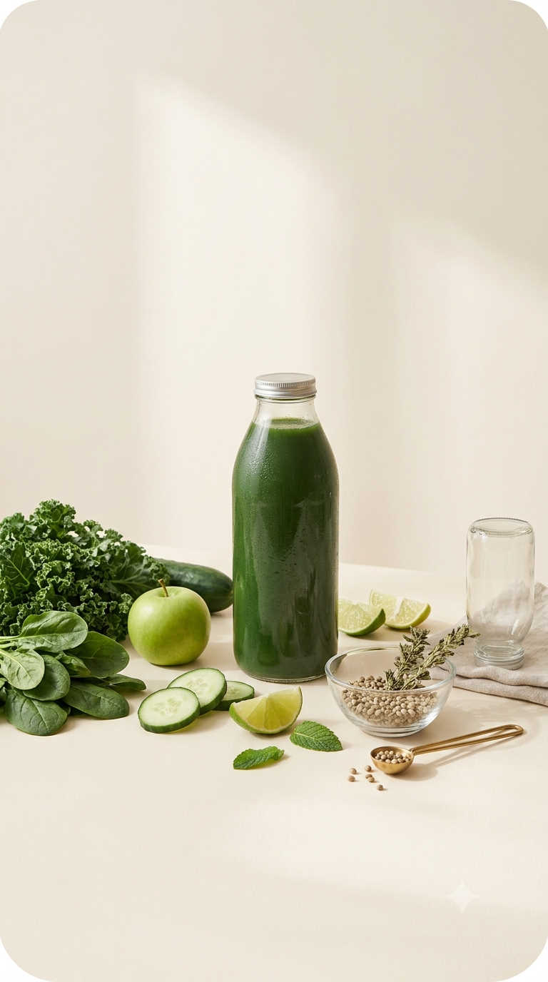 Green juice bottle surrounded by kale, apple, cucumber and lime.