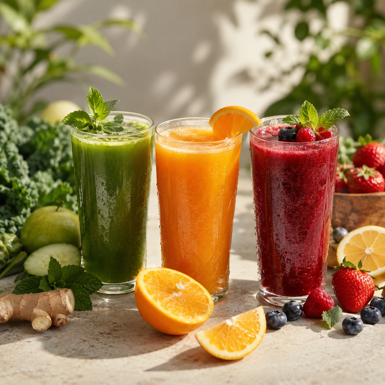 Illustration of three VitaNature cold-pressed juice glasses — green, mango and berry — with garnish.