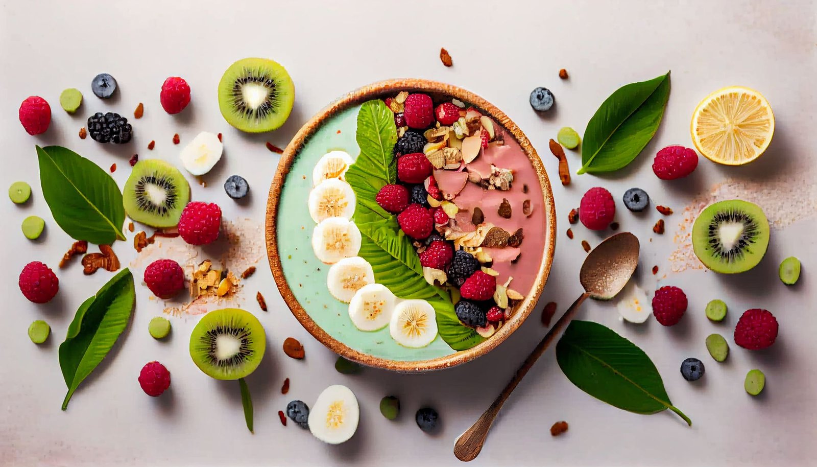 Tropical smoothie bowl topped with banana, berries and granola, surrounded by kiwi and raspberries.
